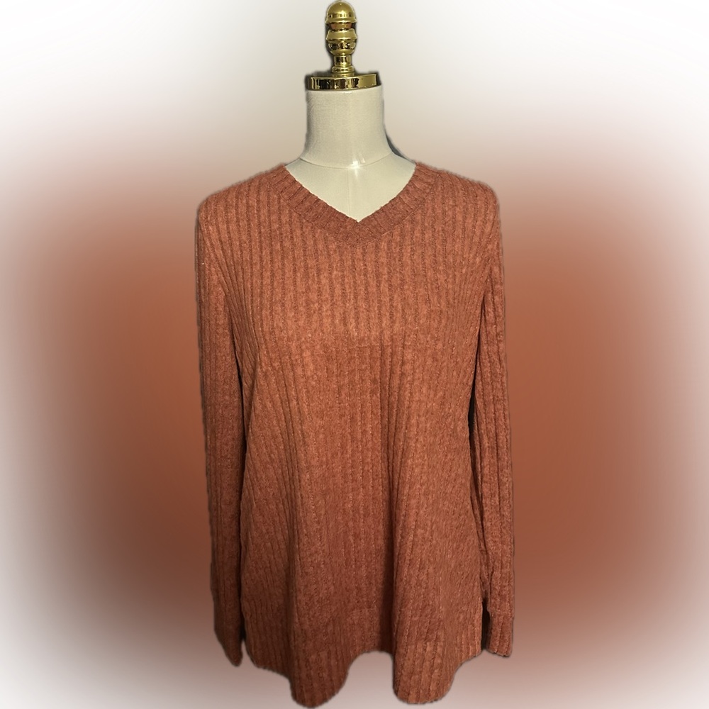 Sampeel L Rust V-Neck Long-Sleeve Tunic Sweater – Lightweight & Soft NWT